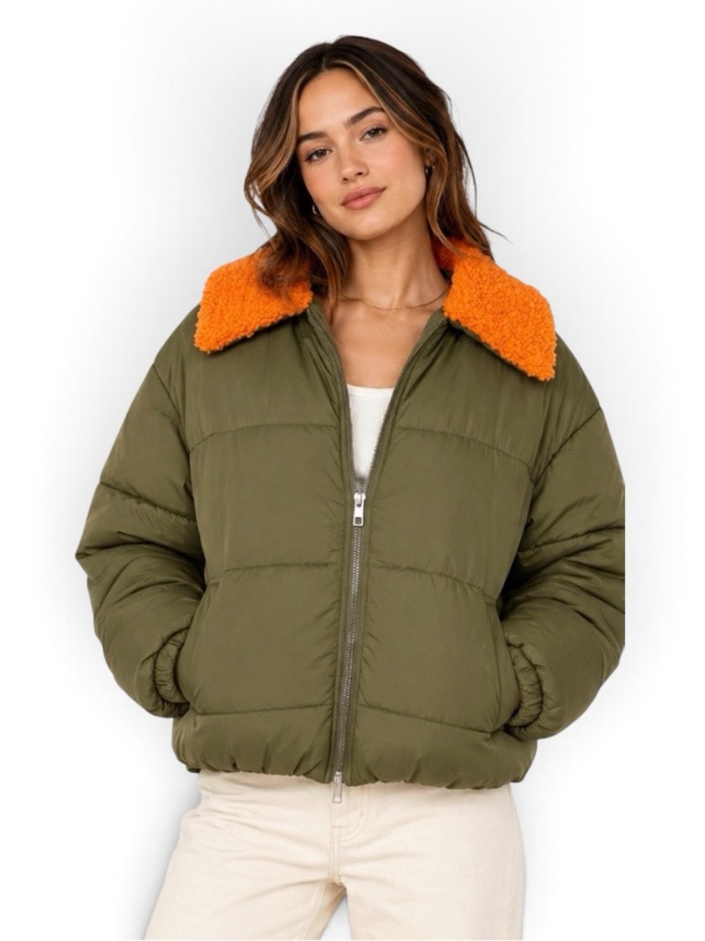 Urban Outfitters Duckie Faux Shearling Collar Puffer Jacket L Olive